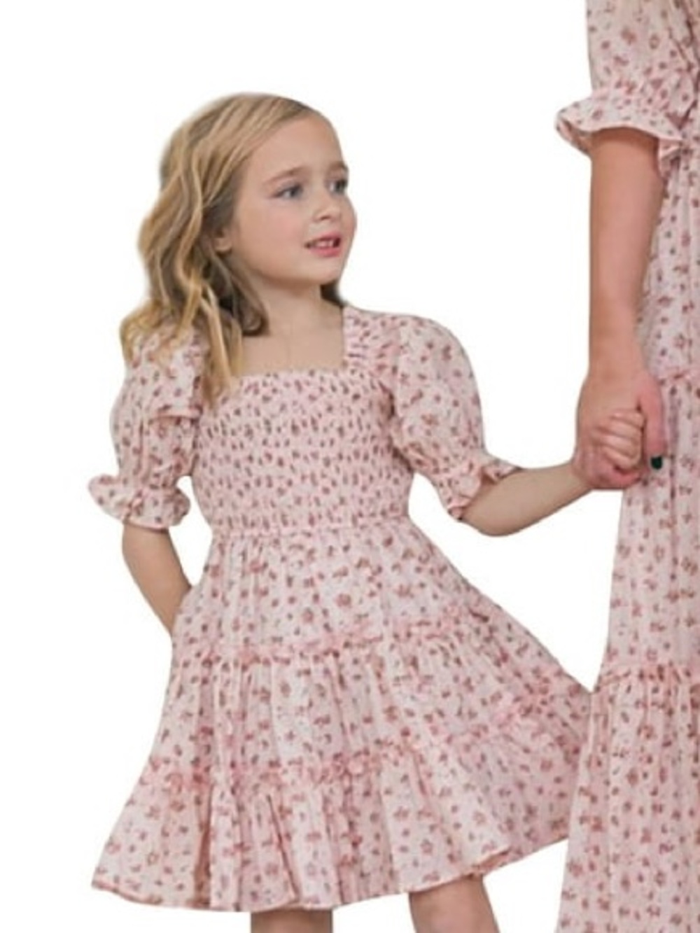 Girls Pink Floral Smocked Midi Dress
